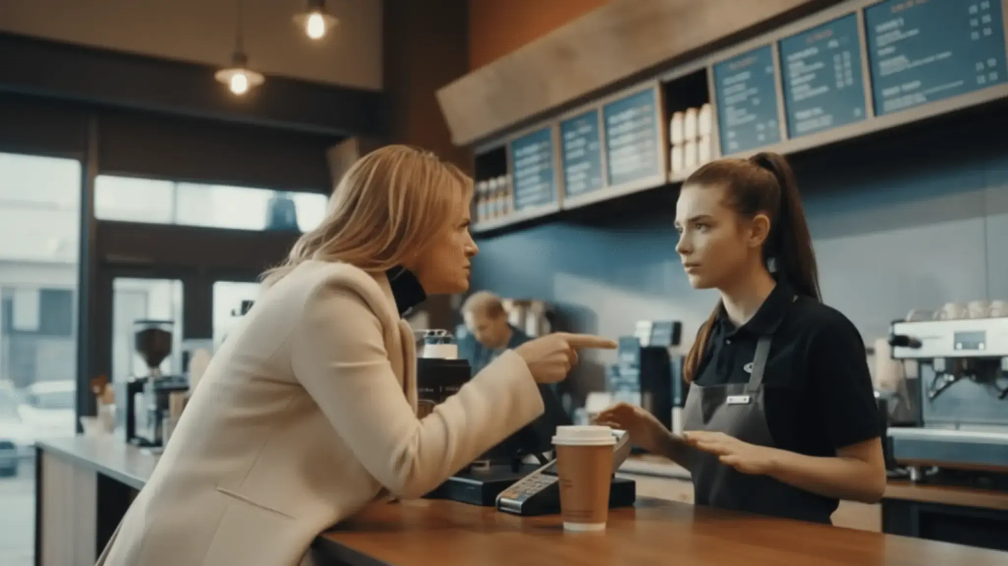 คาเรนขว้างกาแฟใส่บาริสต้าวัยรุ่น จากนั้นพ่อของเธอก็เดินออกไป